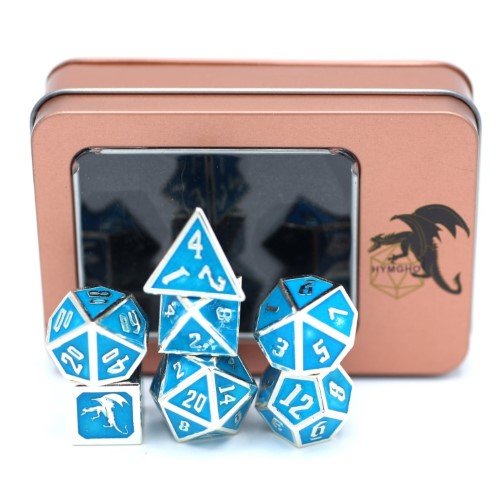 Draconis Solid Metal Polyhedral Dice set - Glow In the Dark Blue - by Hymgho