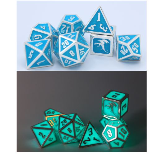 Draconis Solid Metal Polyhedral Dice set - Glow In the Dark Blue - by Hymgho