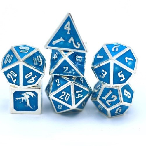 Draconis Solid Metal Polyhedral Dice set - Glow In the Dark Blue - by Hymgho