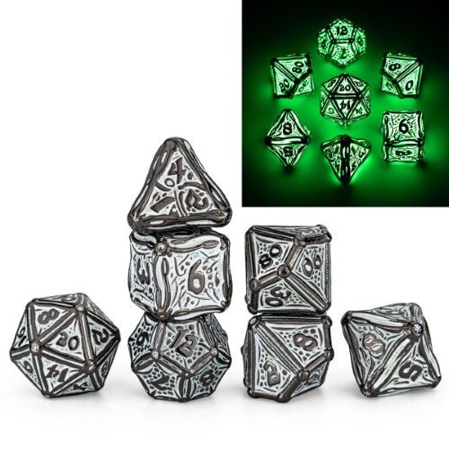 Glow in the Dark Solid Metal Druid Polyhedral Dice Set - by Hymgho