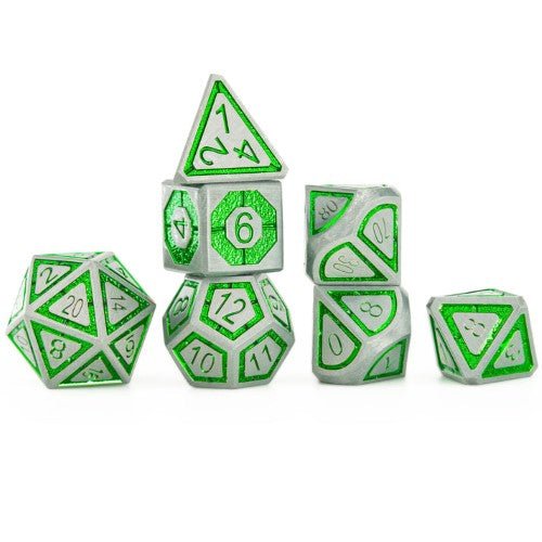 Solid Metal Leyline Dice set - Gunmetal w/ Green - by Hymgho