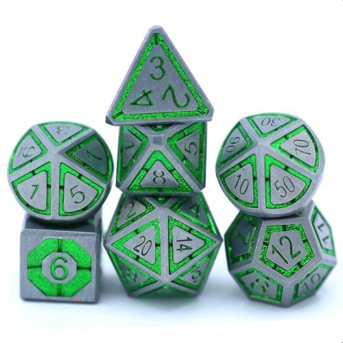 Solid Metal Leyline Dice set - Gunmetal w/ Green - by Hymgho