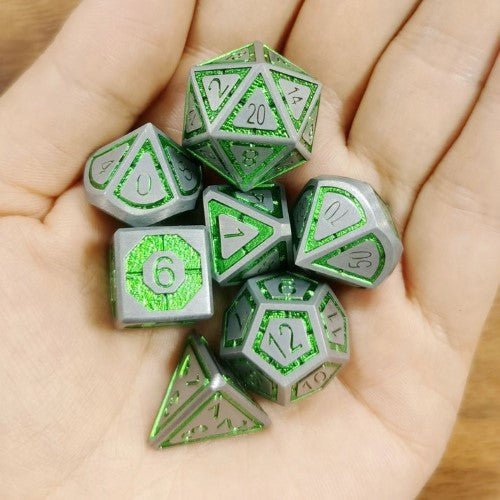 Solid Metal Leyline Dice set - Gunmetal w/ Green - by Hymgho